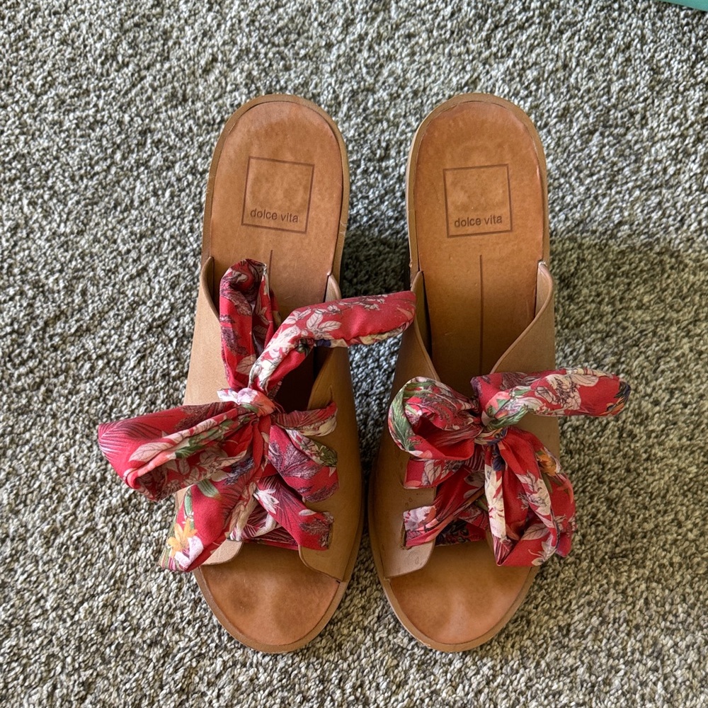 Dolce Vita Tan Mules with Red Floral Accents